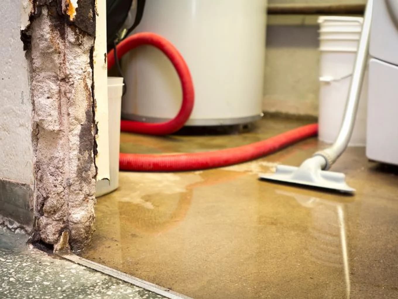 Basement floor being squeegeed toward an extraction hose beside a water heater