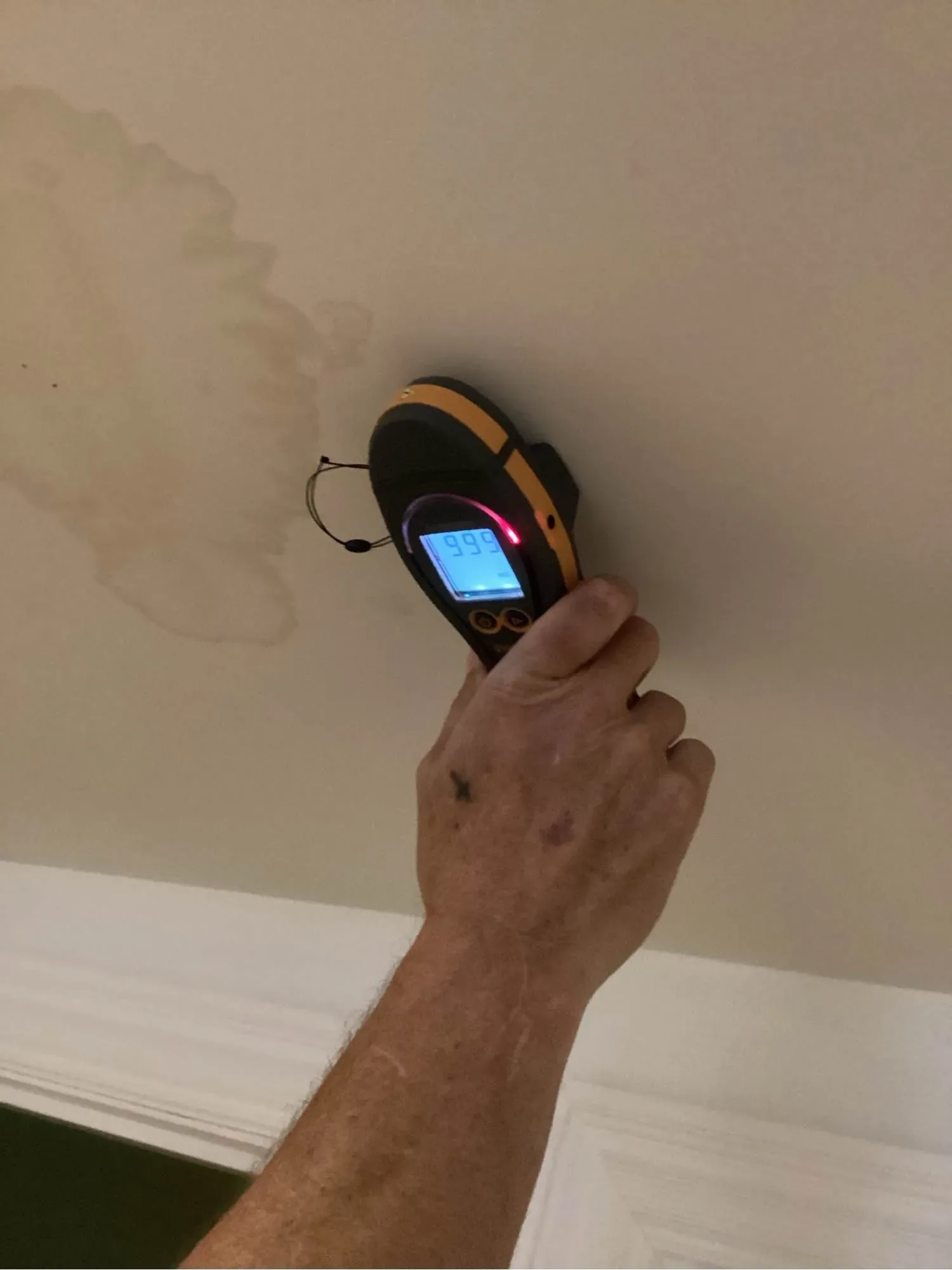 Technician holding a moisture meter against a water-stained ceiling during an inspection